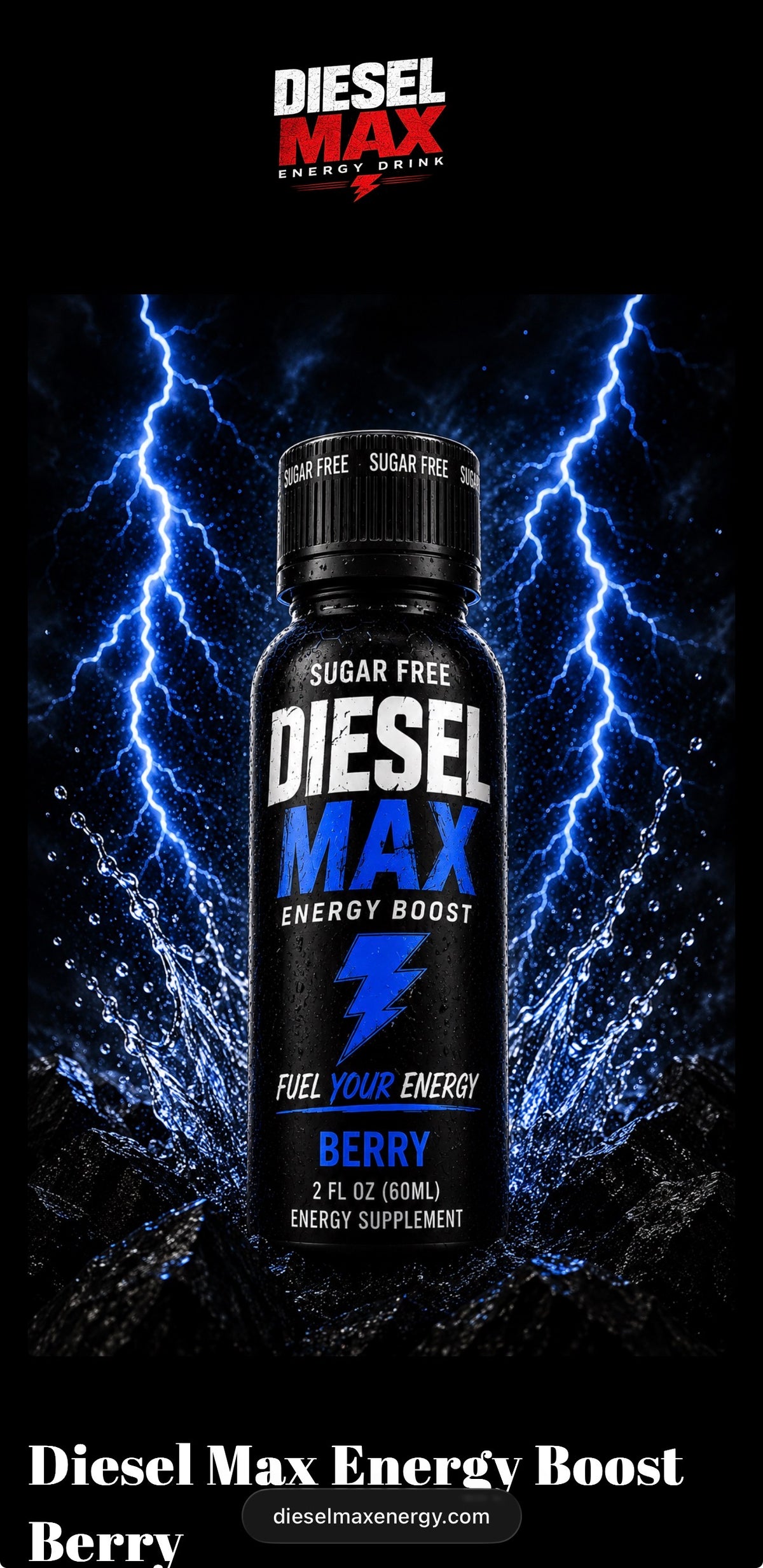 Diesel Max Berry sugar-free 2 ounce Energy Boost bottle with blue lightning