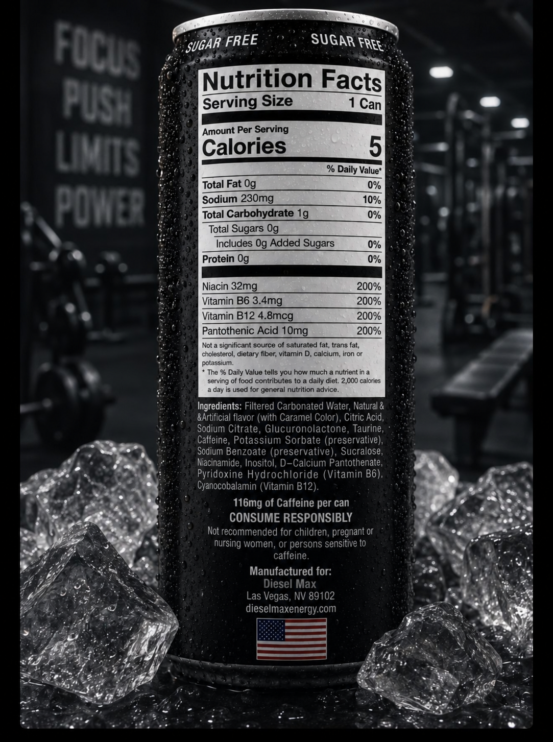 Rear of Diesel Max can showing Nutrition Facts, ingredients, and caffeine information