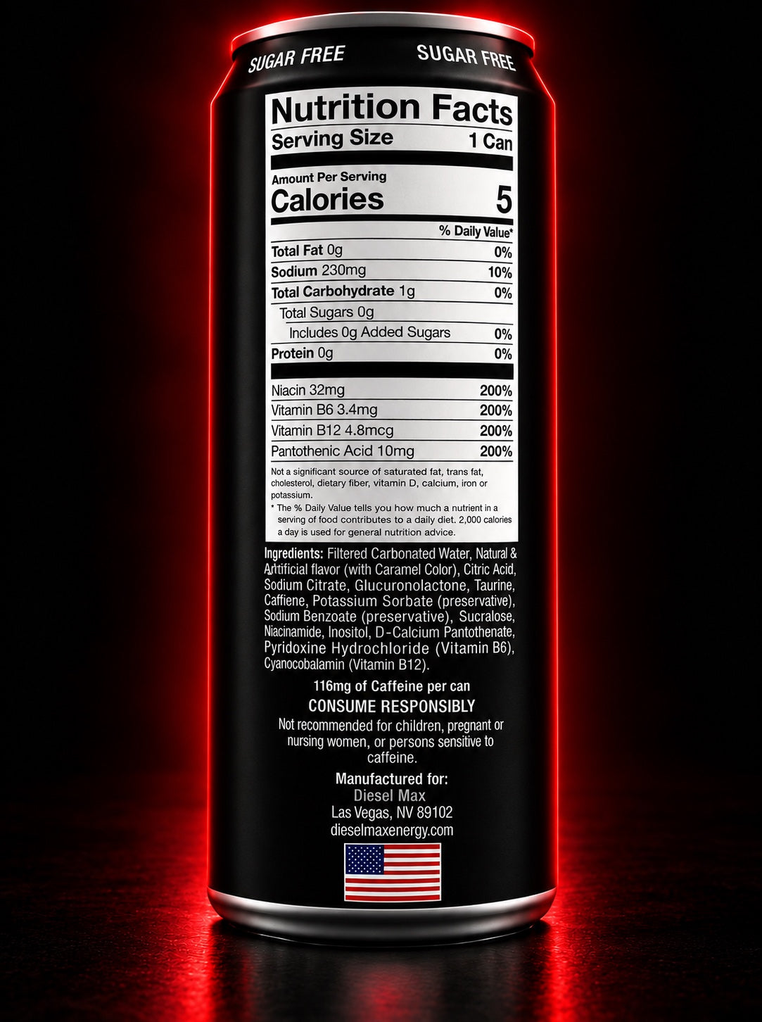 Rear of Diesel Max can showing Nutrition Facts, ingredients, and caffeine information